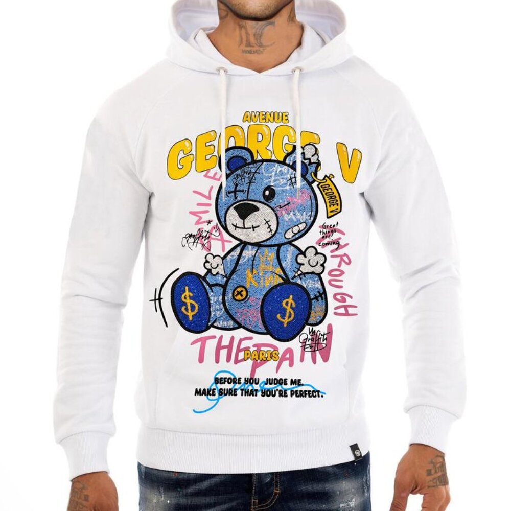 Avenue George V Paris Hoodie GV Teddy bear Rhinestone Men’s white Sweatshirt